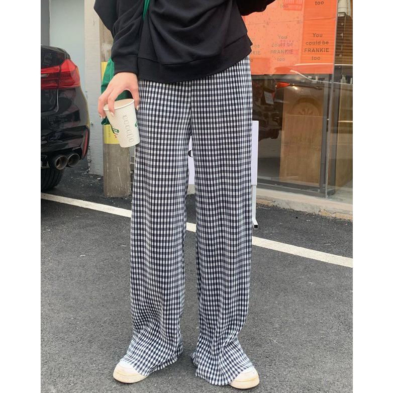 ワイドパンツ レディース 春夏 ボトムス ロング ギンガムチェック 無地
