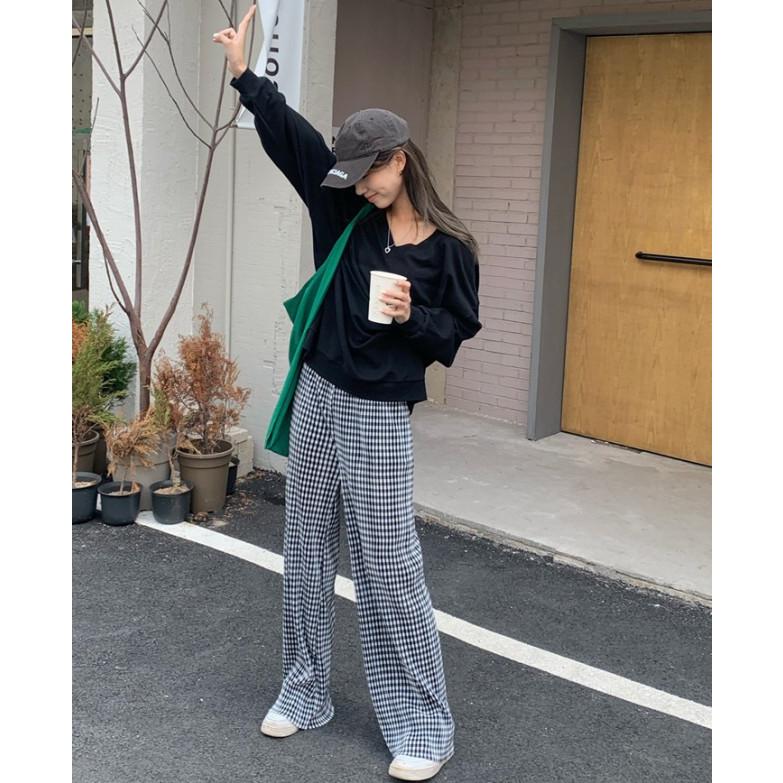 ワイドパンツ レディース 春夏 ボトムス ロング ギンガムチェック 無地