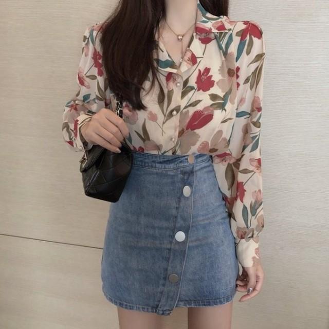 シャツ レディース 長袖 花柄 柄シャツ 総柄シャツ トップス 春 秋
