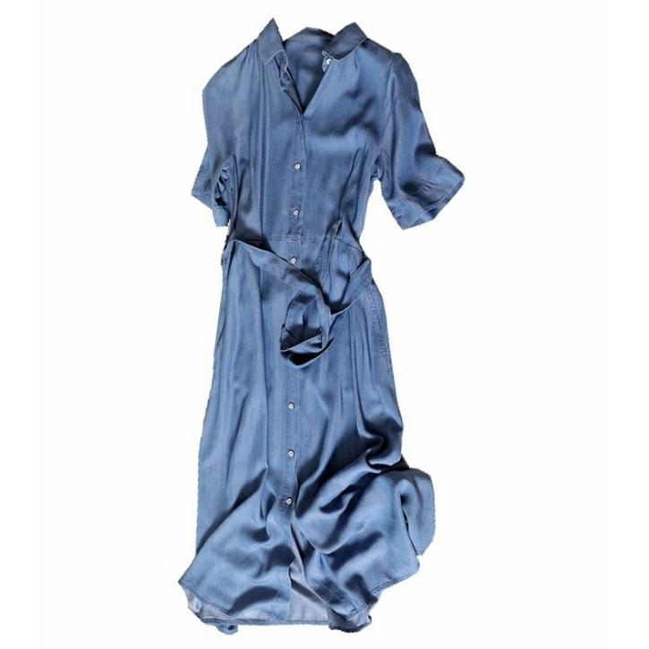 デニムワンピース ロング デニム シャツワンピース 襟付き Aライン