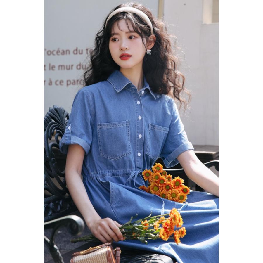 デニムワンピース ロング 半袖 デニム シャツワンピース 襟付き A