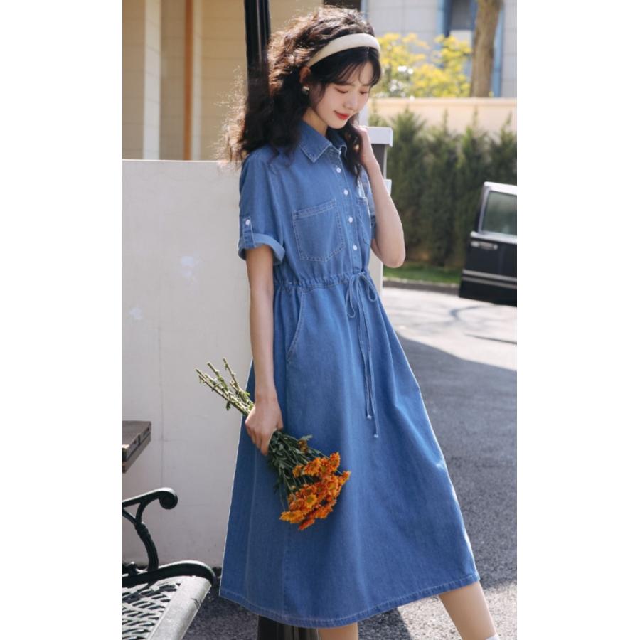 デニムワンピース ロング 半袖 デニム シャツワンピース 襟付き