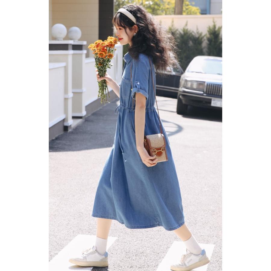 デニムワンピース ロング 半袖 デニム シャツワンピース 襟付き A