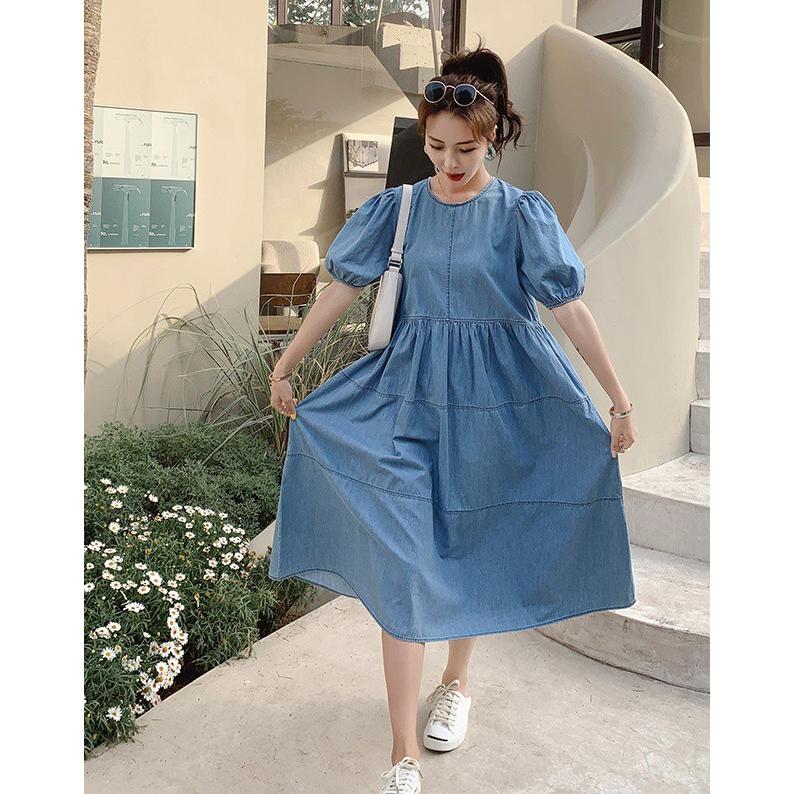 デニムワンピース ロング 半袖 ティアードワンピース Aライン