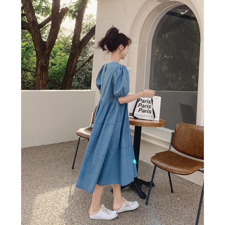 デニムワンピース ロング 半袖 ティアードワンピース Aライン
