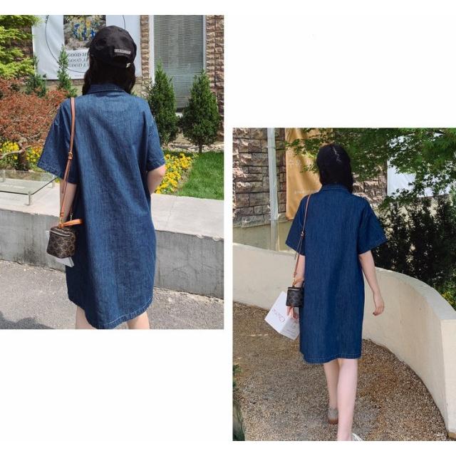 デニムワンピース 半袖 襟付き デニム シャツワンピース Aライン