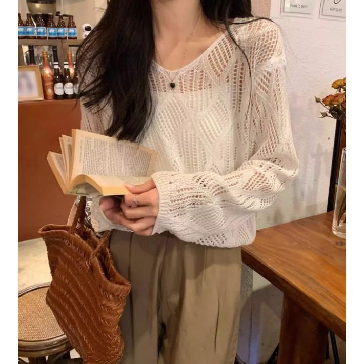 サマーニット レディース 長袖 シアートップス シアーニット 夏 春 V