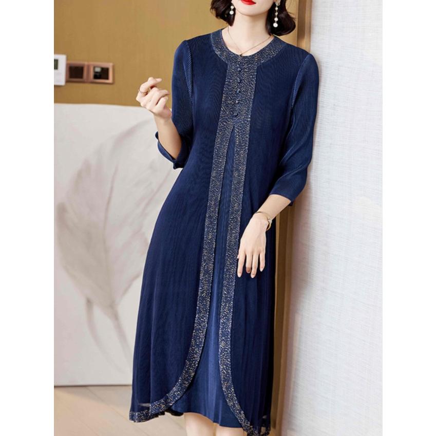 レイヤード風 ワンピース レディース パーティードレス 結婚式 お呼ばれドレス 60代 50代 40代 袖あり 長袖 フォーマルワンピース 上品 重ね着風 レイヤード風 ワンピース レディース パーティードレス 結婚式