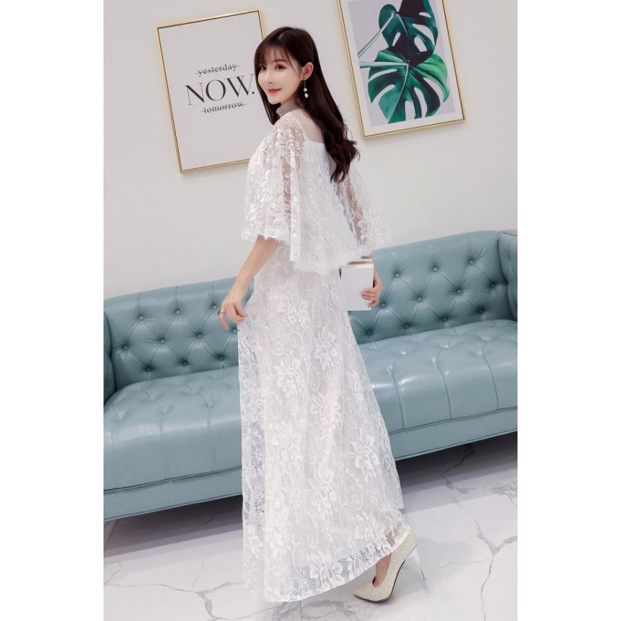 パーティードレス ロング 韓国 袖あり マキシ丈 総レース ロングドレス 