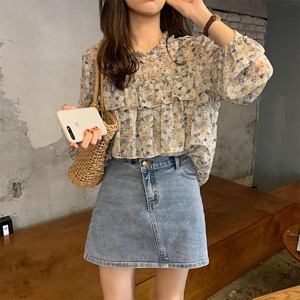 トップス シャツ ブラウス レディース 花柄 シフォンブラウス 長袖 シフォンシャツ 小花柄 立ち襟 ティアード シアーブラウス 韓国 ゆったり フリーサイズ 春 秋