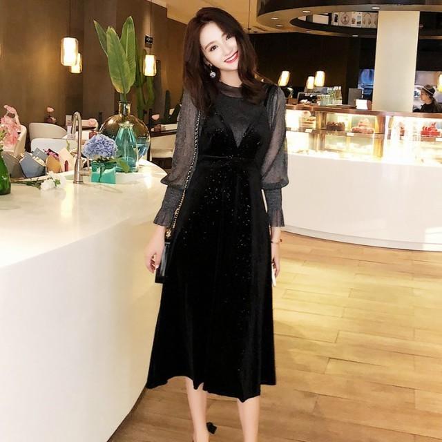 パーティードレス シースルー デート服 長袖 袖あり ハイネック 結婚式