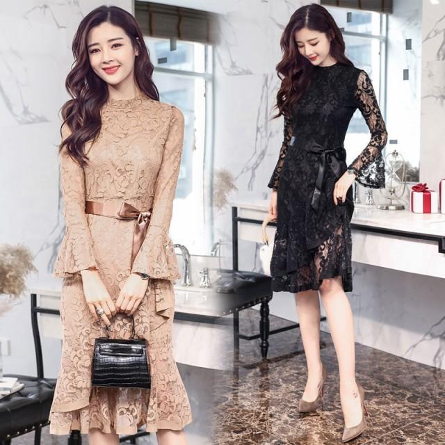 パーティードレス 結婚式 お呼ばれ 20代 30代 40代 総レース 黒 袖あり