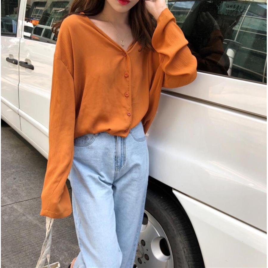 シャツ ブラウス トップス レディース 長袖 Vネック カジュアル 大人