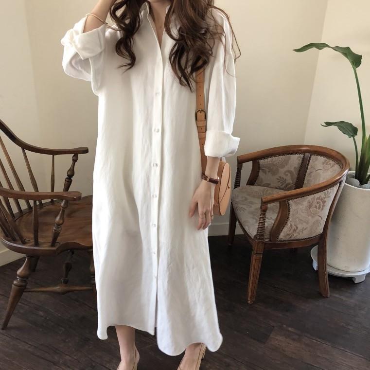 ワンピース シャツワンピース ロング 白 春 長袖 開襟 ナチュラル