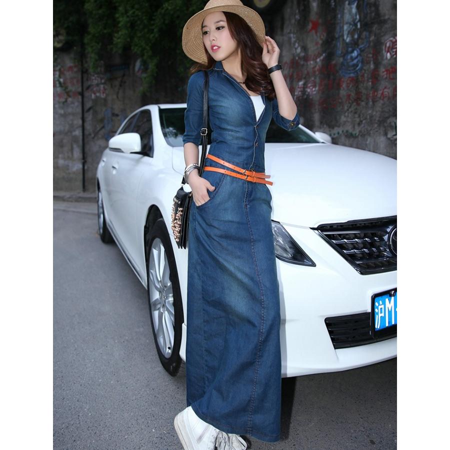 デニム ワンピース Vネック タイト マキシ丈 ロング 大きいサイズ 3l