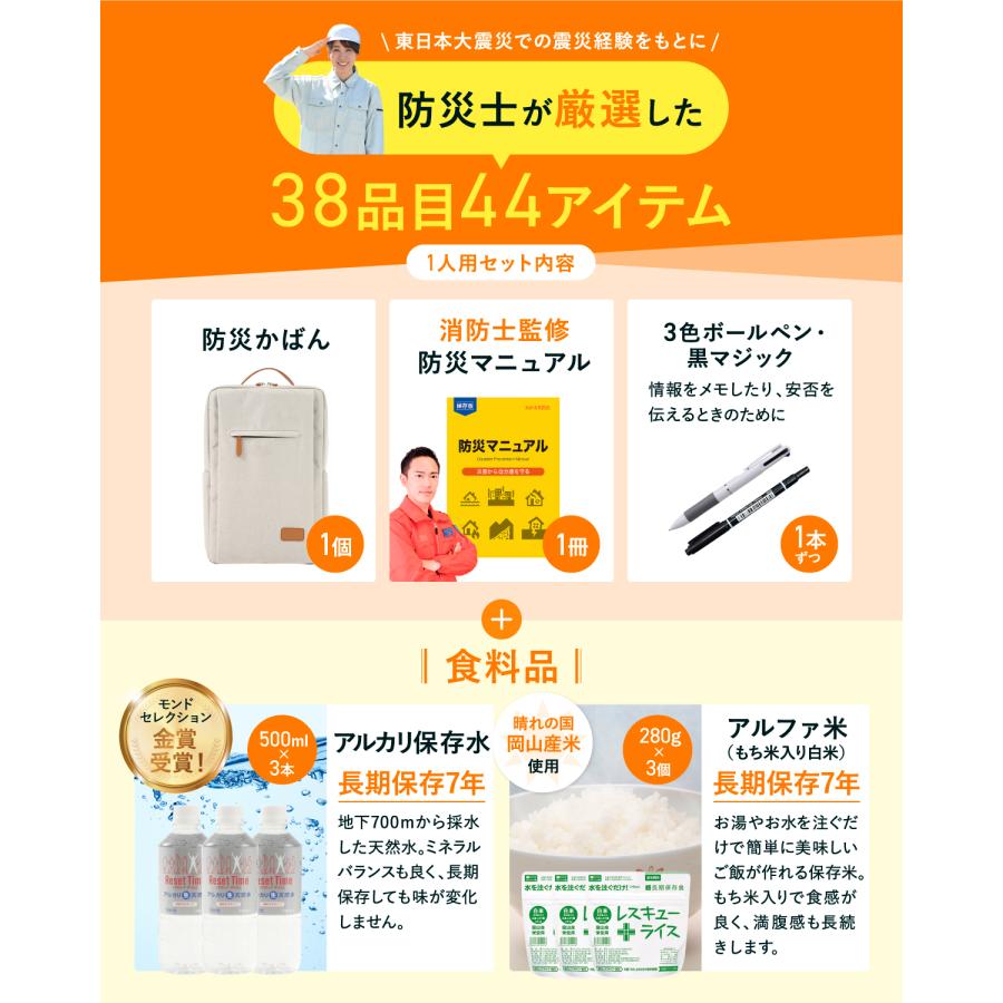 【防災士＆消防士監修】 防災セット 防災かばん 38品44点セット 防災グッズ 非常食 保存水 非常持出袋 あかまる防災 カジュアル おしゃれ |  | 15