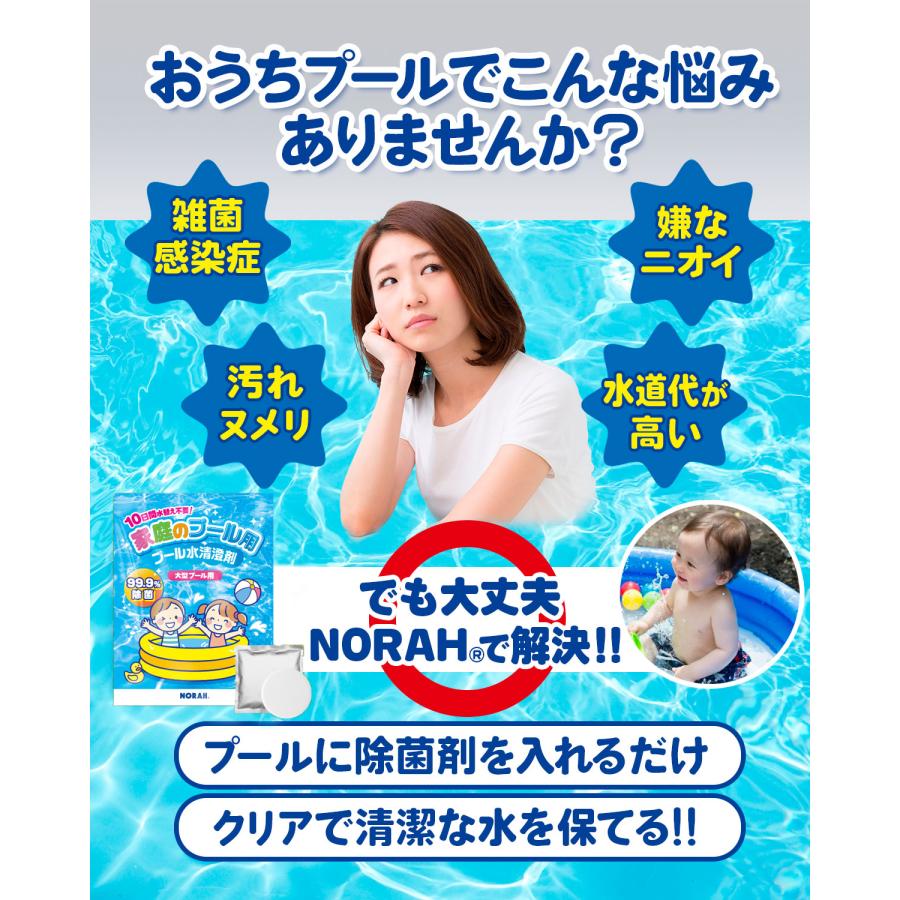 家庭 プール 除菌剤 99.9%除菌 水替え不要 小型 大型 プール用 汚れ ぬめり 臭い 防止 次亜塩素剤 塩素除菌 安心の日本製 個別包装 20錠 NORAH |  | 02