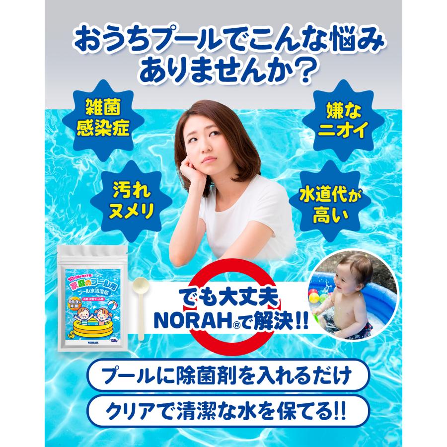 家庭 プール 除菌剤 99.9%除菌 水替え不要 小型 大型 プール用 汚れ ぬめり 臭い 防止 次亜塩素剤 塩素除菌 安心の日本製 120g NORAH |  | 02