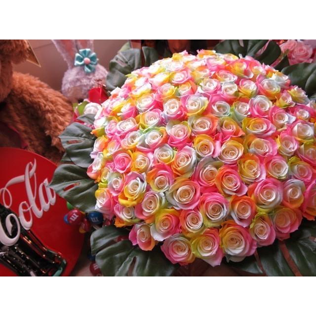 クリスマス レインボーローズ バラ 100本 花束 レインボーローズ プリザーブドフラワー使用 枯れない花　プリザーブドフラワー 100本 花束