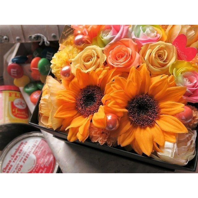 プリザーブドフラワー 送別 退職祝い ひまわり入り ドナルド デージー ハート 花束風 フラワーギフト レインボーローズ_2