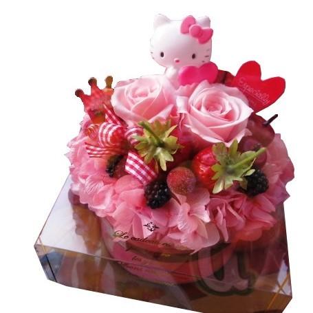 誕生日プレゼント 花 キティ フラワーギフト 花 ケーキ プリザーブドフラワー クリアーケース キティマスコット
