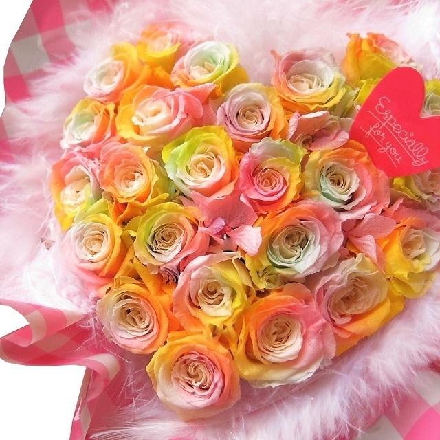 プリザーブドフラワー プレゼント ハート 花束風 友人 友達 レインボーローズ バラいっぱい ギフト クリアーケース入り 母親 彼女 記念日