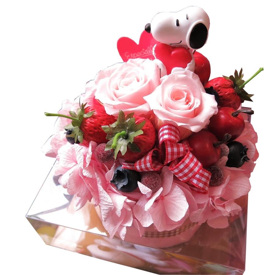 プリザーブドフラワー 結婚祝い スヌーピーハート 花 アレンジメント フラワーケーキ ケース付 あすつく 対応商品です｜leaves78