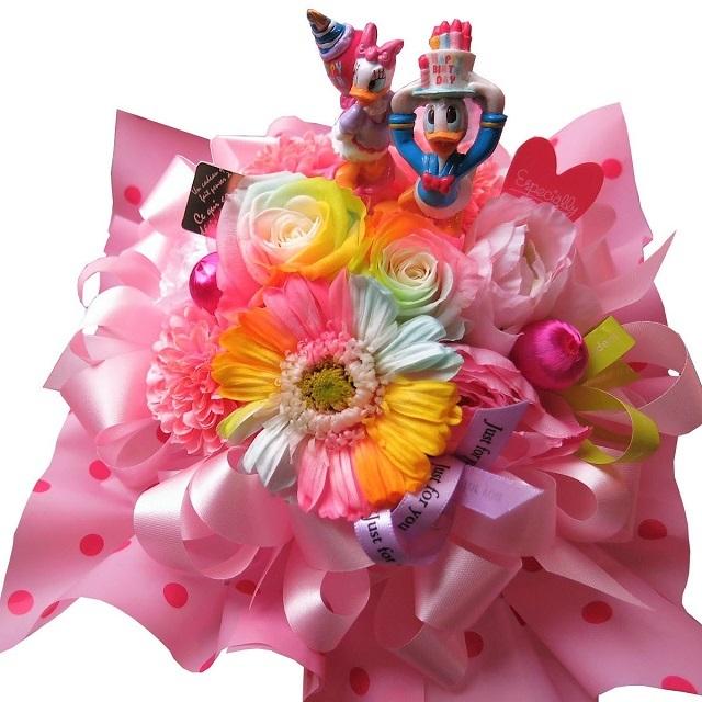 プリザーブドフラワー 誕生日プレゼント 彼女 人気 ドナルド デージー レインボーローズ２ レインボーガーベラ１ 花束風 ギフト ケース付 あすつく