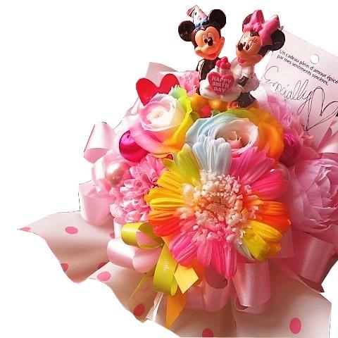 プリザーブドフラワー お誕生日 レインボーローズ２ レインボーガーベラ１ 花束風 ミッキーミニー入り ギフト ケース付 あすつく