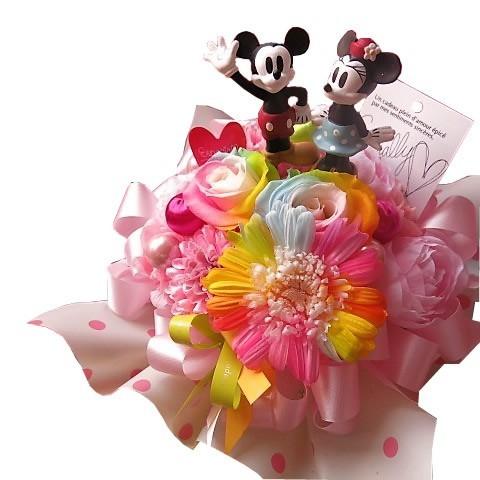 プリザーブドフラワー あすつく お誕生日 レインボーローズ２ レインボーガーベラ１ 花束風 ミッキー ミニー ギフト ケース付