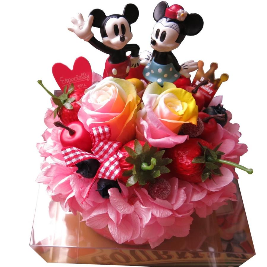 周年記念 ディズニー フラワーギフト 花 ケーキ レインボーローズ プリザーブドフラワー クリアーケース ノーマル　ミッキーミニー ケース付き
