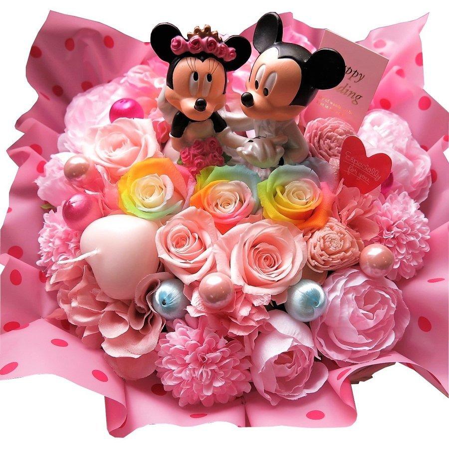 円 贈答品 あすつく ディズニー 結婚祝い フラワーギフト ミッキー ミニー ウェディング フィギュア入り レインボーローズ プリザーブドフラワー 入り クリアーケース付き