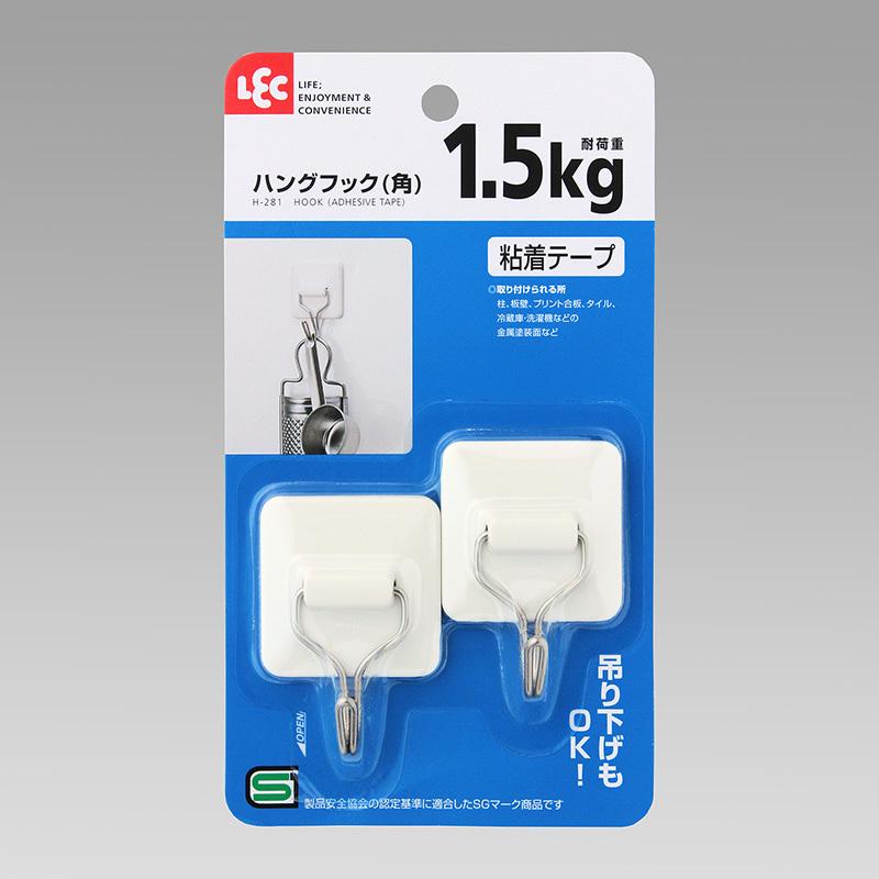 フック ハングフック 2個入 耐荷重1.5kg 角型 粘着テープ スイングフック 吊り 引っ掛け スクエア ホワイト シンプル 貼るタイプ