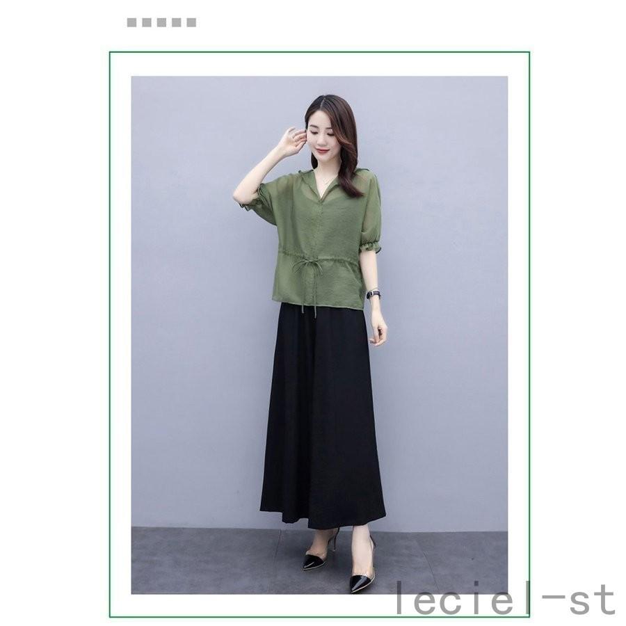 大きな取引 カジュアル リネン Vネック九分丈ワイドパンツ 半袖ブラウス セットアップ おしゃれ 秋 夏 春 レディース セットアップ 韓国風 緑 大きいサイズ 40代 通勤 セットアップ サイズ L Raffles Mn