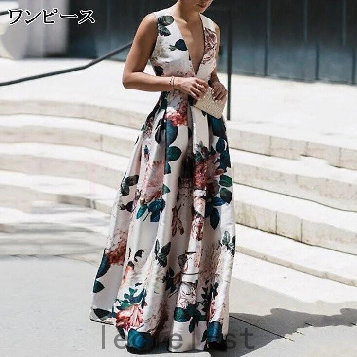 お気にいる マキシワンピース レディース オシャレ ワンピース ｖネック 30代40代50代 Aライン 春夏 花柄ドレス 呼ばれ 結婚式 二次会