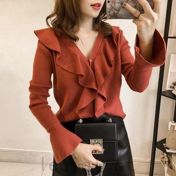 フリルニットレディースｖネック胸元セクシートップス秋冬おしゃれ可愛いかわいい春服秋服冬服長袖ニットソー大人カジュアルフレアスリーブ Lec928 Leciel 通販 Yahoo ショッピング
