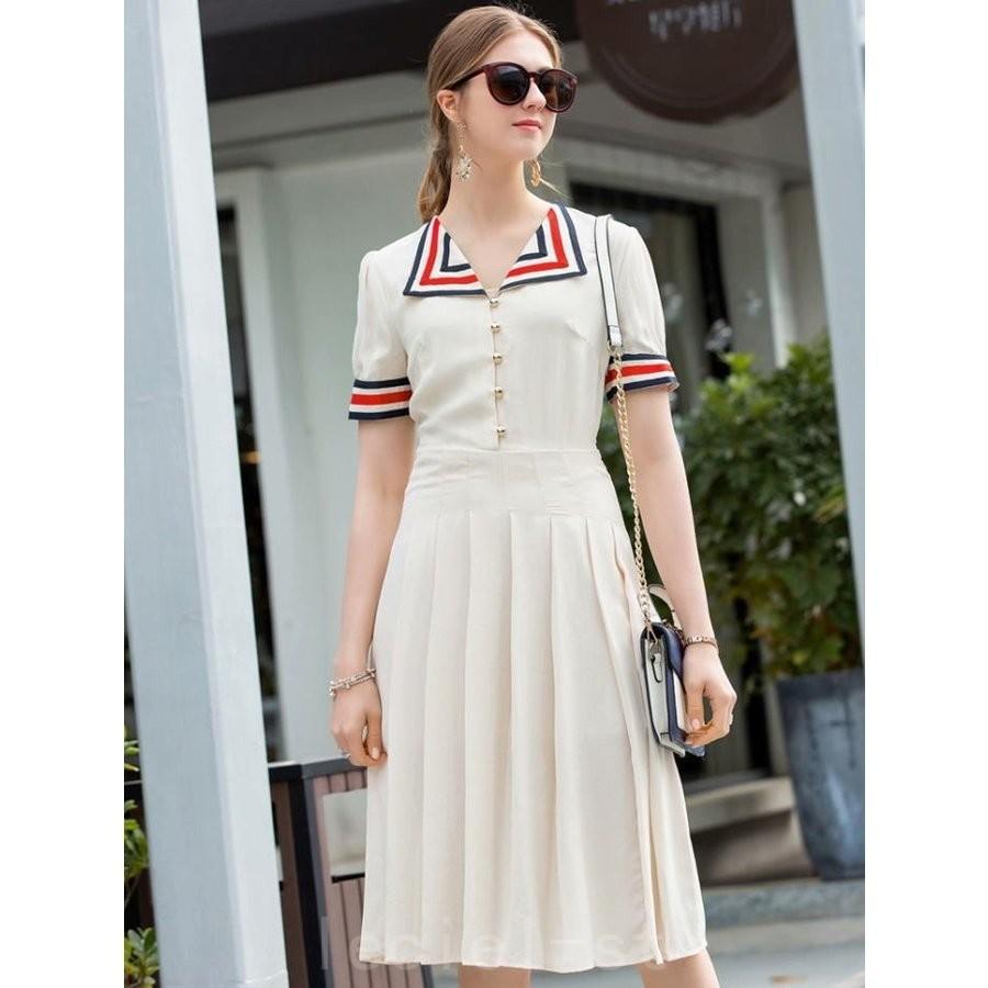 21新作ワンピース 襟トリコロールカラー リボン 金ボタン プリーツ 半袖 Aライン 膝丈ワンピース Shi Igik1ced Leciel 通販 Yahoo ショッピング