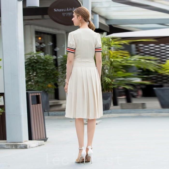 21新作ワンピース 襟トリコロールカラー リボン 金ボタン プリーツ 半袖 Aライン 膝丈ワンピース Shi Igik1ced Leciel 通販 Yahoo ショッピング