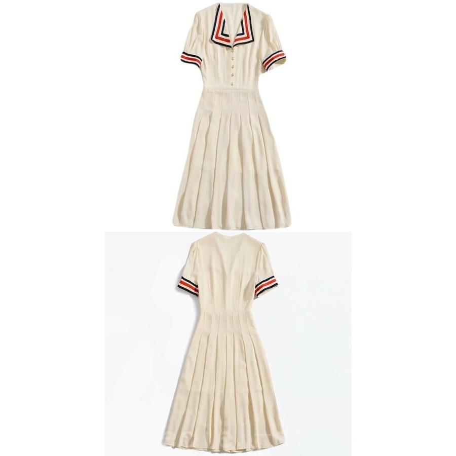 21新作ワンピース 襟トリコロールカラー リボン 金ボタン プリーツ 半袖 Aライン 膝丈ワンピース Shi Igik1ced Leciel 通販 Yahoo ショッピング