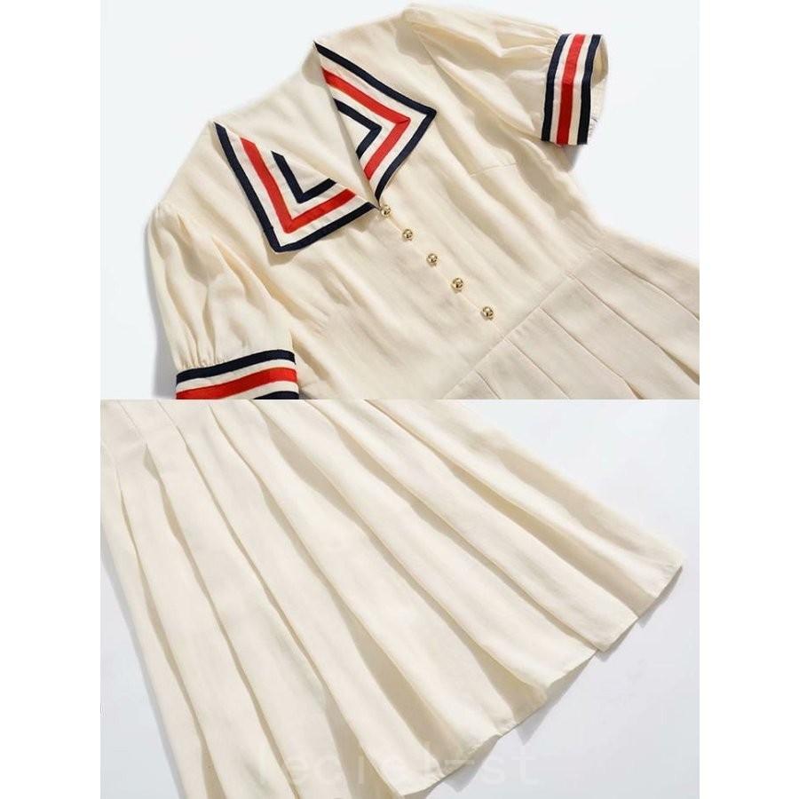 21新作ワンピース 襟トリコロールカラー リボン 金ボタン プリーツ 半袖 Aライン 膝丈ワンピース Shi Igik1ced Leciel 通販 Yahoo ショッピング