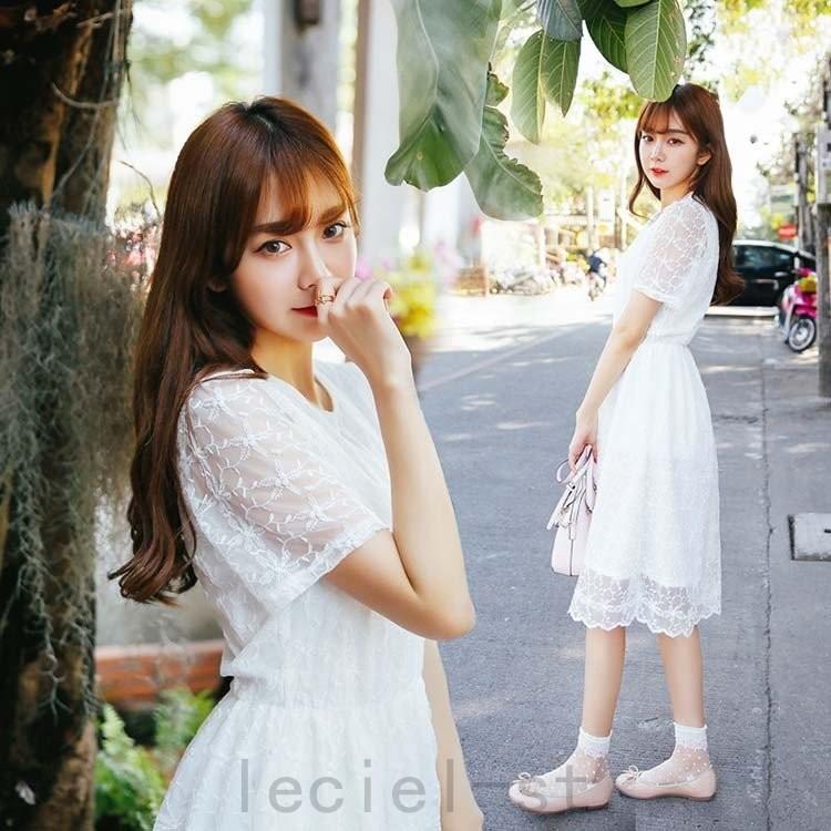 21新作白ワンピース 春 夏 秋 レディース レース ワンピース Aライン ラウンドネック 半袖 膝丈 Shi Mog3x1wb Leciel 通販 Yahoo ショッピング