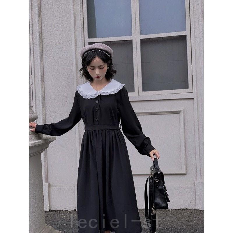 21新作ワンピース シャツワンピ 襟付き ブラック 黒 ロリータファッション 青文字系 リボン付き Shi Qictohzp Leciel 通販 Yahoo ショッピング