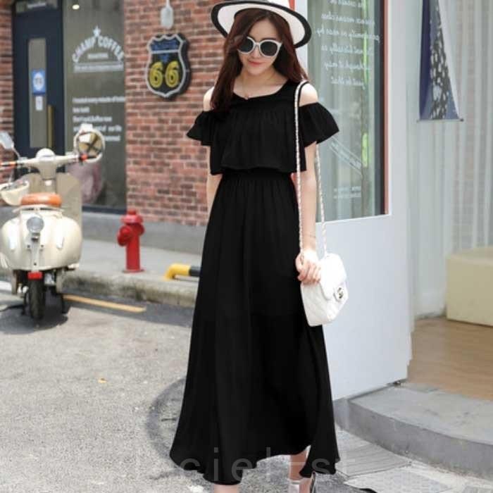 21新作フリル 肩出し ワンピース ロングワンピ 春 夏 セクシーワンピース 白 黒 レディース Shi Tme3uxv0 Leciel 通販 Yahoo ショッピング