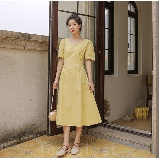 お見舞い Vネック レディース 夏 21新作ワンピース レトロ タック入り ウエスト 大人 アプリコット イエロー ワンピース サイズ 色 Sアプリコット Www We Job Com