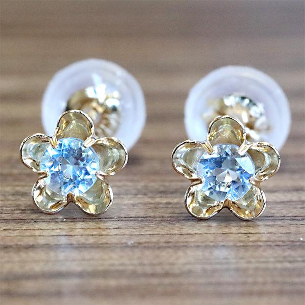 18金 フラワー ブルートパーズピアス 花 カラーストーンピアス 