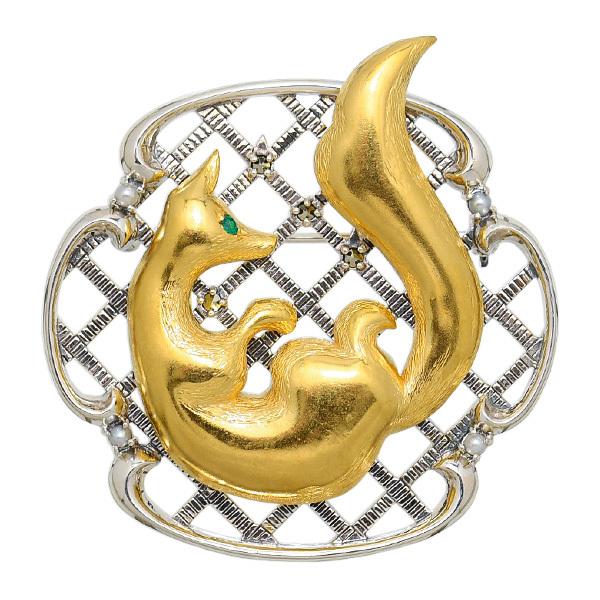 碌山 エメラルド 刀鍔 狐 ブローチ 緑の瞳がちょっとミステリアス 和