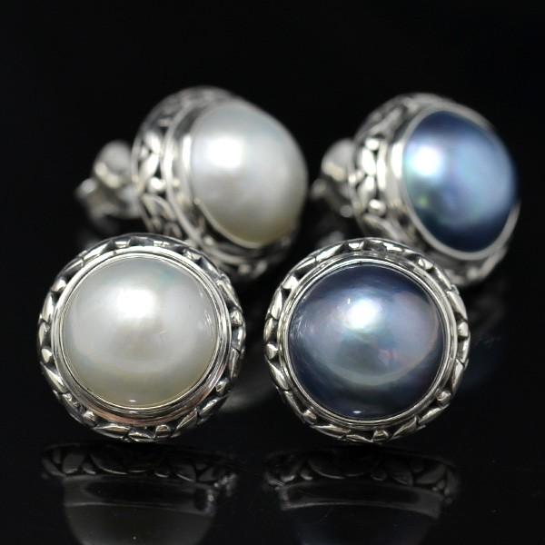 11mm マベ真珠 ピアス/イヤリング ホワイト/ブルー アンティーク調の 