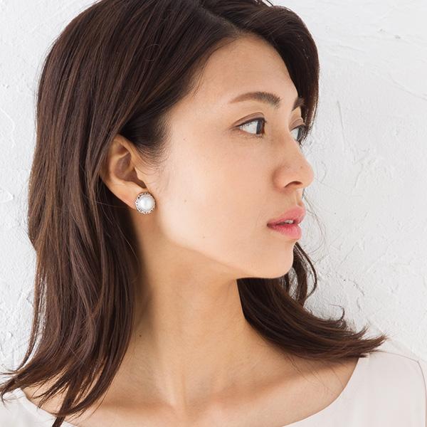 11mm マベ真珠 ピアス/イヤリング ホワイト/ブルー アンティーク調の 