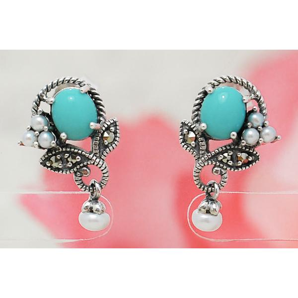 碌山 ターコイズ＆シードパールピアス/イヤリング シックで