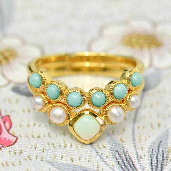 碌山 ターコイズ オパール リング 2点セット 1本着けも2本着けも可愛い
